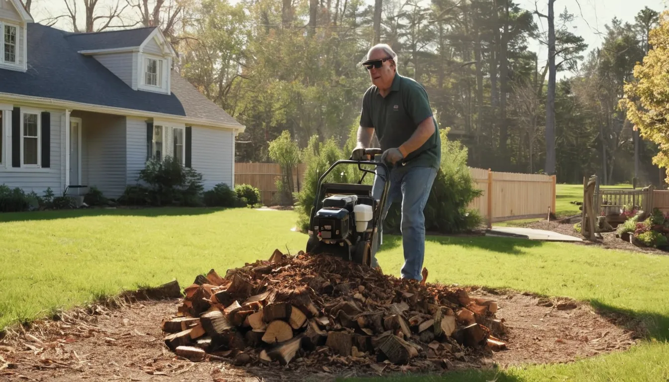 Local provider grinding a tree stump in a residential backyard in Quogue